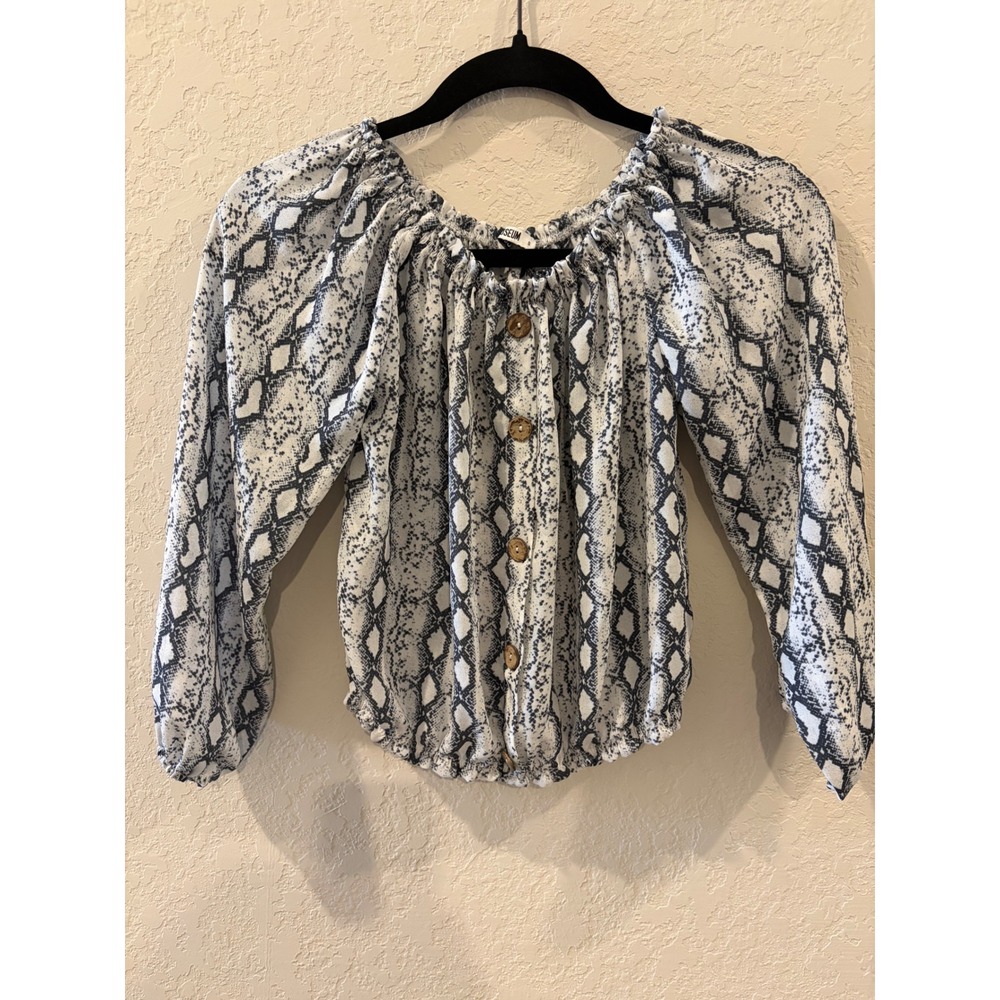 Colloseum Snakeskin Print Off Shoulder Button Front Blouse Grey White Small